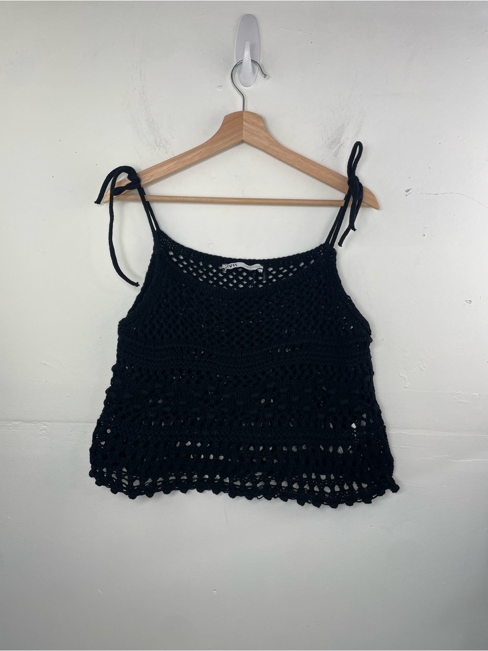 ZARA Black Crochet Knit Tie Strap Crop Tank Top Boho Festival Beach Cover-Up S